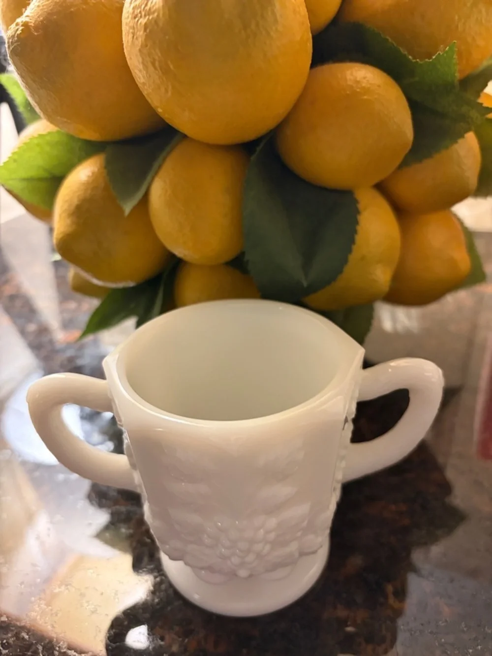 Westmorland paneled grape milk glass sugar and creamer set. Stamped.